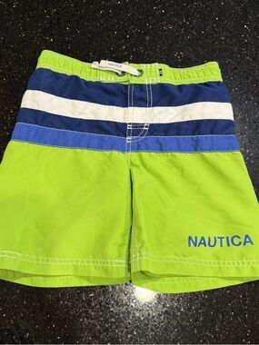 Nautica Boys Swim Trunks Size 5/6 Bright Neon Green Striped Board Shorts Mesh